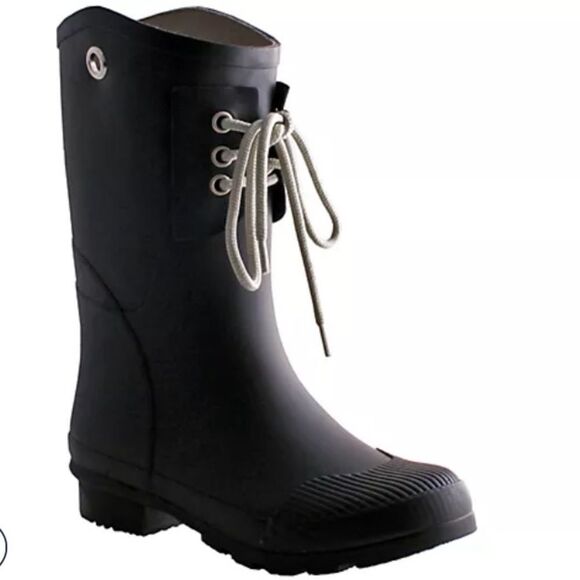 Nomad Lace-Up Detail Rubber Rain Boots - KellyB, Black, Size 7, NWOT - Picture 1 of 11